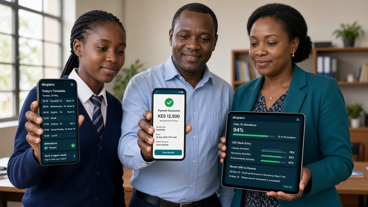 Kenyan student, parent, and teacher excitedly using the Shupavu school app