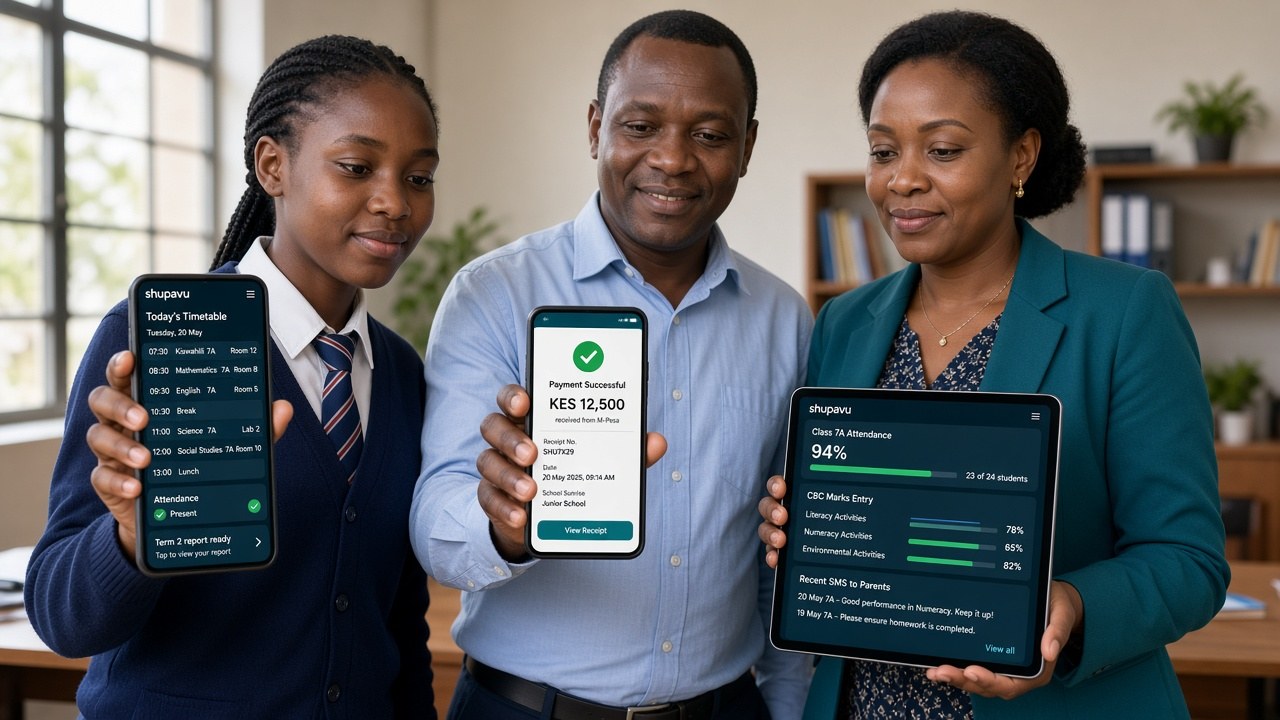 Kenyan student, parent, and teacher excitedly using the Shupavu school app